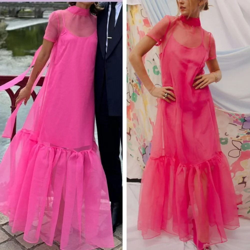 *Cover Only* STAUD Calluna Tiered Tulle Gown Maxi Dress Pink Sheer Bow - Picture 3 of 13